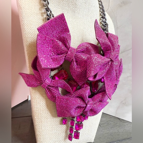 Betsey Johnson Pink Fuchsia Bow Pave Crystal Statement Necklace - Picture 7 of 8
